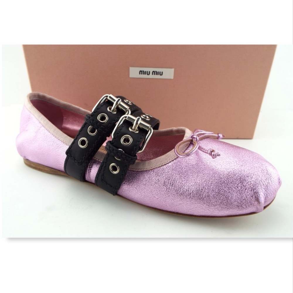 NIB MIU MIU Metallic Pink Lace Ballerina Flat 39.5 - Picture 2 of 8